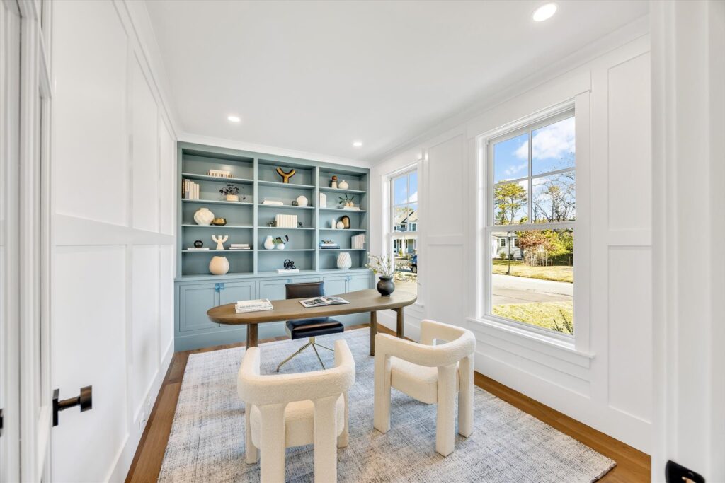 Home office with blue built-in shelving at 6 Willow Circle, Mashpee