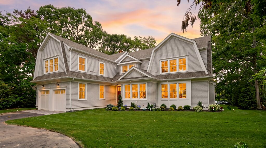 640 Poponessett Road at dusk, a custom gambrel by Newbridge Construction