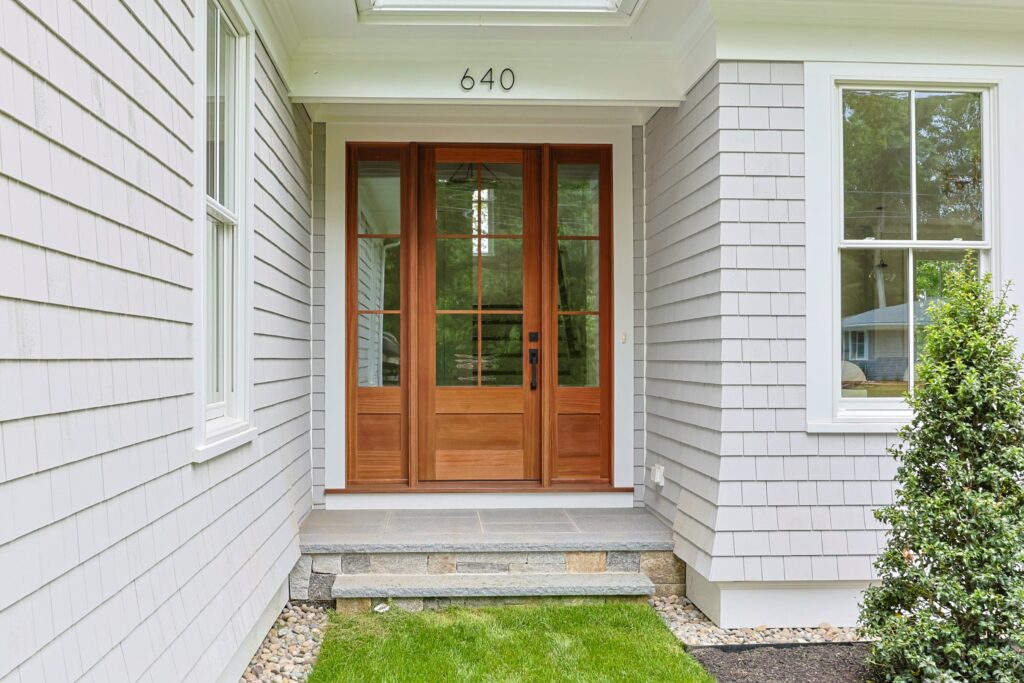 Mahogany front door at 640 Poponessett Road